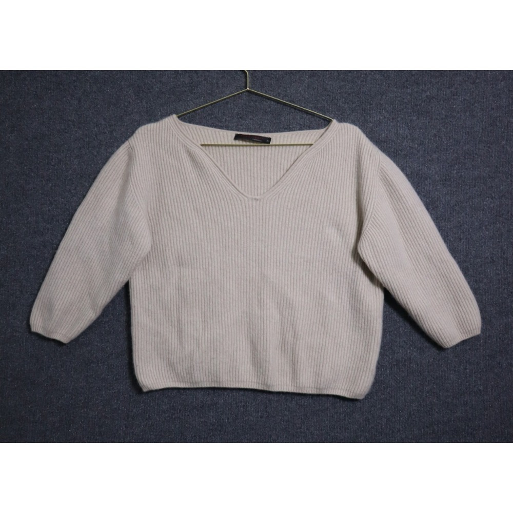 Incentive! Cashmere Sweater Women XL Beige V Neck Ribbed Waist Length Italian‎